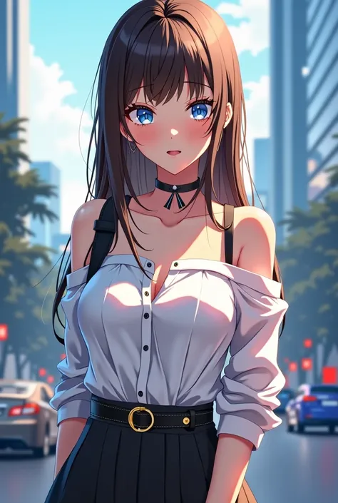 masterpiece++, best quality++, beautiful+, anime style,1person, full body image, skirt, leather belt, off shoulder white dress shirt, beautiful blue eyes++, long straight brown hair, modern style, choker, cityscape background, exposed neckline