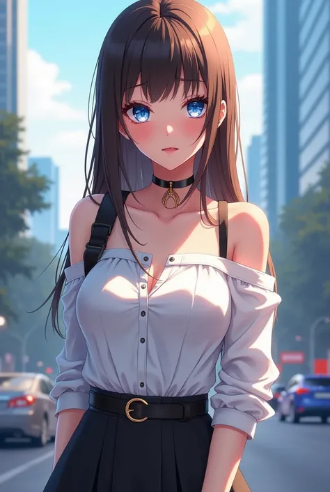 masterpiece++, best quality++, beautiful+, anime style,1person, full body image, skirt, leather belt, off shoulder white dress shirt, beautiful blue eyes++, long straight brown hair, modern style, choker, cityscape background, exposed neckline