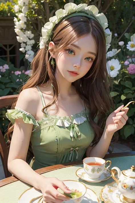 Chestnut Hair。Half-up wavy long。
Bright green eyes like peridot。A gorgeous and beautiful person。A mysterious atmosphere like the goddess of spring or the spirit of flowers.。Lady in a bright green dress。Wearing a bonnet with ribbons and frills。With her eyes...