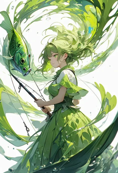 fishing.masterpiece, best quality, Ultra-high resolution, (Very detailed), (1 Fair girl), (abstract:1.4),Green, visually stunning, Fair, Evocative, emotional, ((White background)), green theme,