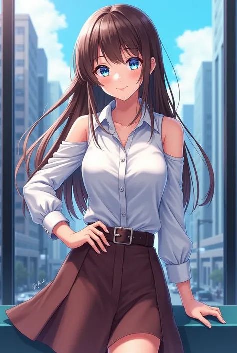 masterpiece++, best quality++, beautiful+, anime style,1person, full body image, skirt, leather belt, off shoulder white dress shirt, beautiful blue eyes++, long straight brown hair, modern style, choker, cityscape background