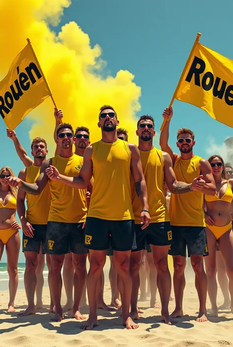 Image, illustration d’un groupe de supporters, hommes, de style ultra hooligans à la plage, en short jaune et noir, avec des fumigènes jaune et noir dans la main et des drapeaux à damier jaune et noir, inscrit « Rouen » des femmes en bikini, jaunes et noir...