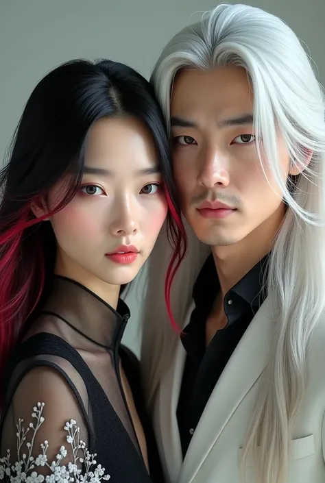 Korean woman with black hair and red streaks next to Korean man with long white hair 