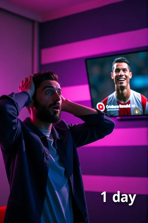 Heres a prompt to generate a similar image in AI:

"Design a high-quality image featuring a surprised man with a beard, holding his head in shock or amazement, set against a background with dark purple horizontal stripes. To the right, include a floating s...