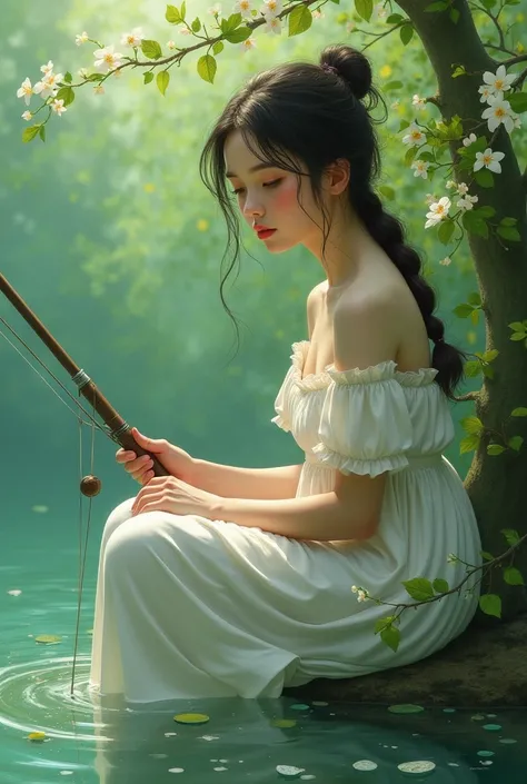 fishing.masterpiece, best quality, Ultra-high resolution, (Very detailed), (1 Fair girl), (abstract:1.4),Green, visually stunning, Fair, Evocative, emotional, ((White background)), green theme,