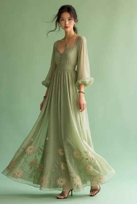 A flowing and elegant A-line maxi dress that emphasizes simplicity but exudes luxury. This dress features intricate embroidery or appliqué designs inspired by nature, such as flowers, leaves, or vines. The neckline is either a sweet or a slightly scooped n...