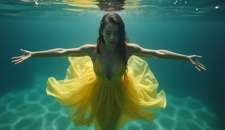 A perfect shot of a woman wearing a long yellow dress, emerging from the water, seen from the bottom of the lake, submerging herself in the water with her arms gracefully extended, her eyes closed, her lips closed and her legs stretched out. Her hands are ...