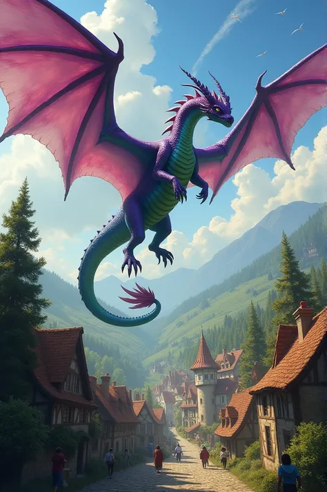 realistic styling: purple and green dragon flies over medieval town. 