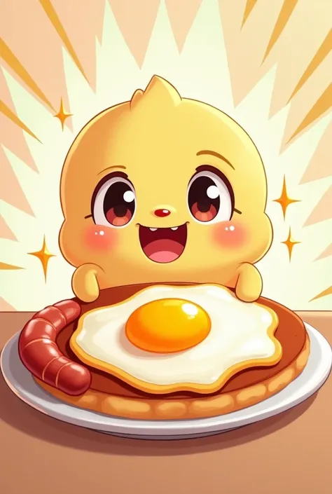 アニメ, cartoon rendering, illustration,2d, Arte digital 2d,Thin contour lines,, sharp illustrations,break,Happy scene,Sparkling fried egg,fried egg, sausage, eyes sparkling at the sight of fried egg, drool, happy face, cute,