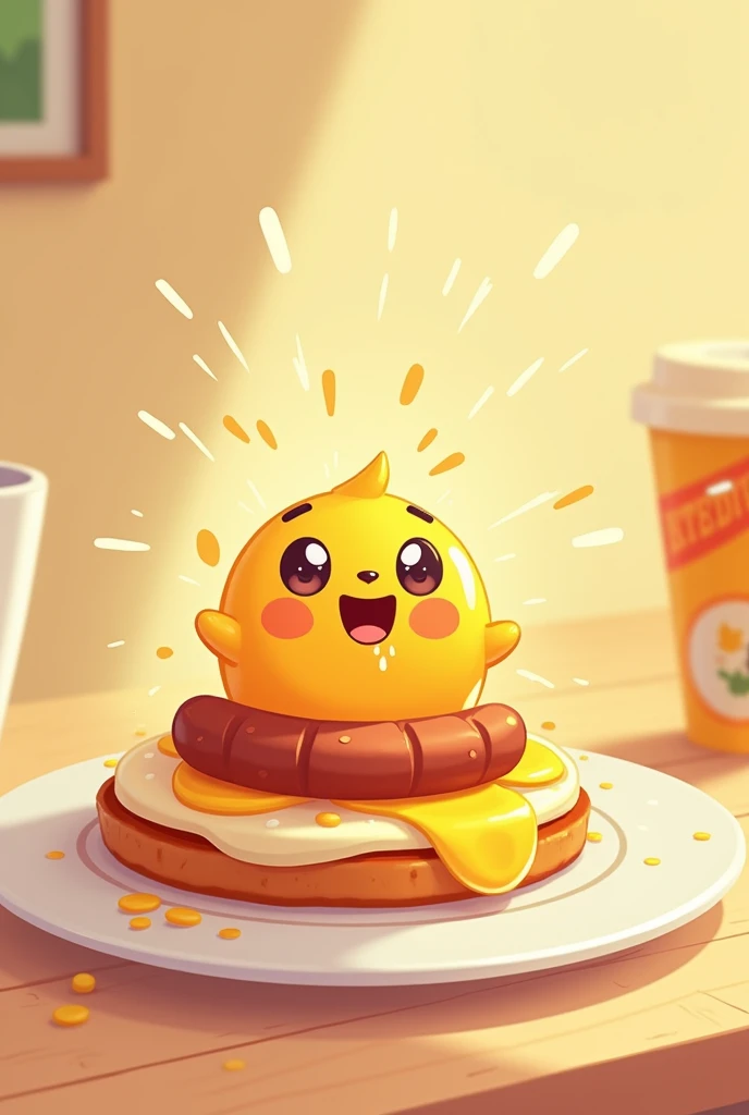 アニメ, cartoon rendering, illustration,2d, Arte digital 2d,Thin contour lines,, sharp illustrations,break,Happy scene,Sparkling fried egg,fried egg, sausage, eyes sparkling at the sight of fried egg, drool, happy face, cute,