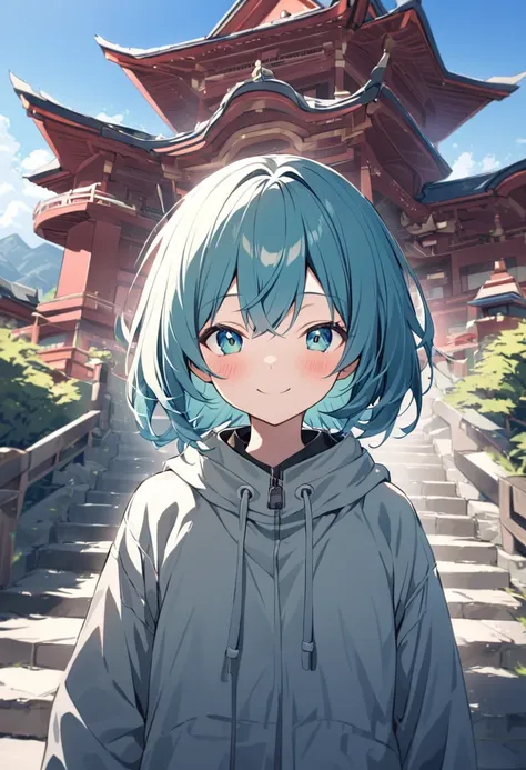 vocaloid3, upper body, smile, blush, outdoors, day, simple background, blue sky, sky, temple, looking at viewer, stairs, mountai...