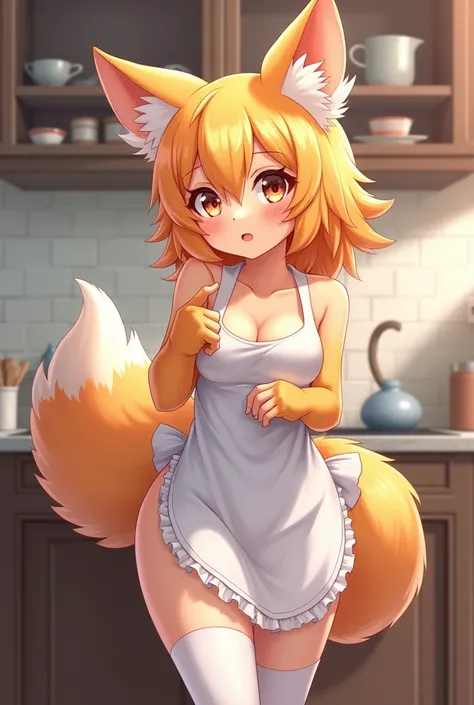 best quality,best resolution,(fluffy anthro furry :1.6),(young :1.6),solo,gold orange hair fox girl,long hair,wavy hair,gold orange fur,small breasts,white naked apron,raffles,white stockings,cute pantie,shy face,horny smile,horny eyes,close one eye,full f...