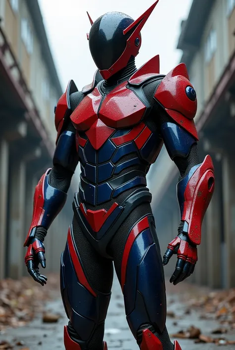 Realistic kamen rider in real life with full body armor. Full coated body armor. Colour red, blue and black. Front, back and side angle. And a helmet that looks like a knight.