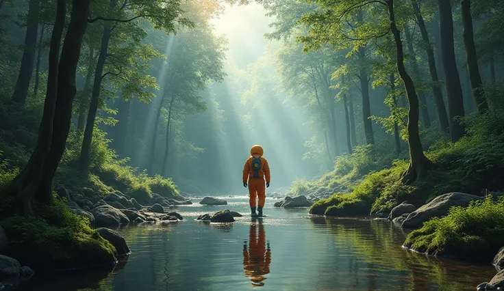 (masterpiece:1.2,of the highest quality,Super detailed,realist,Ultra high resolution camera),8k,Wallpaper,(NASA astronaut in orange suit walks in river with forest on side),(pandora forest and river :2.0),(pandora forest, virgin forest and a river 2.0), La...