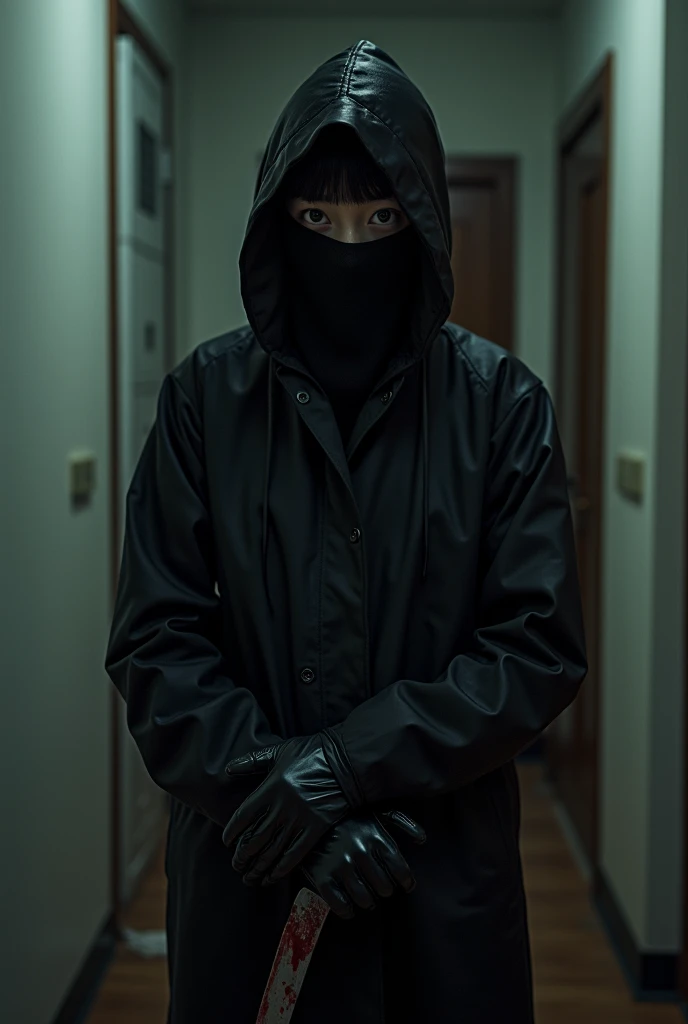 korean girl, (behind stiff, black balaclava mask), holding knife, stabbing, black leather gloves, entrance of the house, black raincoat, girl only, holding knife, leather gloves, behind cadaver, looking at viewer, blood splatter, night, mass murderer, kill...