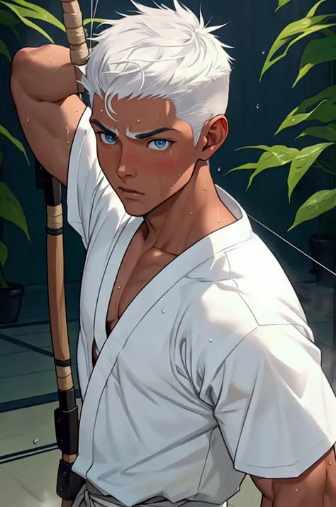 Half-naked young muscular man in his 20s、Blue Eyes、White Hair、Short Hair、Sports haircut、Brown skin、Perfect body、Serious face、Kyudo athlete、Archery dojo、Dripping Sweat、Your body is wet