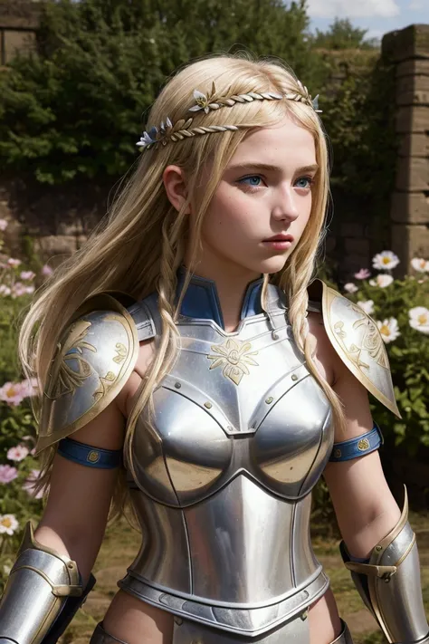 teen girl, roman warrior, princess blade , , teenager girl,, small breasts, mini cropped, valkyrian princess ,blonde, detailed face, beautiful, confiant, background in uk land with flowers
