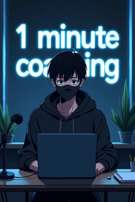 A stylized, modern anime-style image of a young man sitting at a desk with a laptop, wearing a dark hoodie and a face mask. The setting is a dimly lit room with sleek, futuristic lighting behind him, featuring bold lines. The man has short black hair and a...