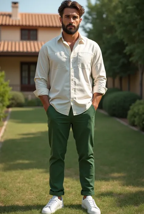 Create a realistic photo, typical Spanish man with a beard and mustache, very handsome man with a charming and deep look, green eyes, brown hair, ((full body)) hyper realistic photos, dressed with green pants , a white shirt, white sneakers from the brand:...