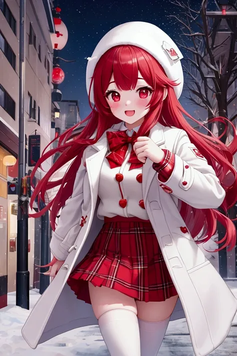 College girl in love、Snow Scene、With a red face、Walking through the city at night with a sense of excitement、Heart Particles、Particles of musical notes、White heavy duffle coat、Red tartan skirt、Black Stockings、Hold me pose