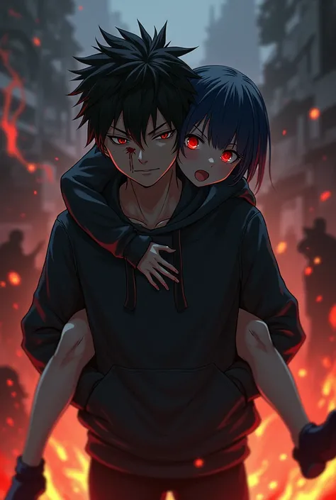 A boy ((( anime boy , Spiky hair , black hair , black hoodie , blood red eyes , narrowed eye , bleeding on the cheeck ))) , A girl ((( anime girl , dark blue hair , modern day mullet hair style , black hoodie , red eyes , almond eye ))) , boy carrying girl...