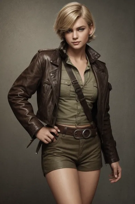 1920s tomboy adventurer, wearing rugged, practical clothing with a utility belt and a leather jacket, short blonde hair styled in a tousled bob, confident determined expression, pinup