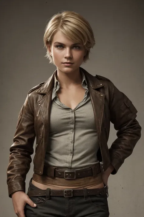 1920s tomboy adventurer, wearing rugged, practical clothing with a utility belt and a leather jacket, short blonde hair styled in a tousled bob, confident determined expression, pinup