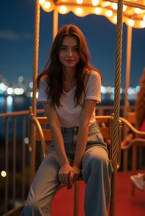 1 woman、Awal 20-an、(Friendly and beautiful women)、(super beautiful face)、(night)、wearing makeup、Long brown hair,long pants.T-shirt.white shoes、Sitting on the bright merry-go-round chair、Night view of the city seen from the window、shallow depth of field