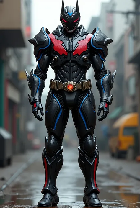 Realistic kamen rider in real life with full body armor. Full coated body armor. Colour red stripe, blue stripe and mainly black. Front, back and side angle. And a helmet that looks like a knight. No belt.