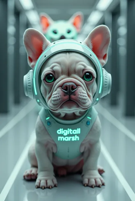 a light grey french bulldog sitting with green eyes, technological with DJ Marshmallow on the head and with the name highlighted "Digital 
Marsh"

