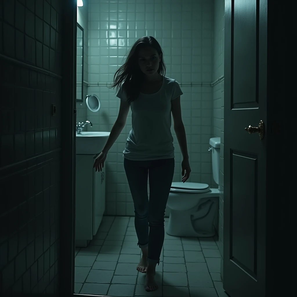 A woman enters the bathroom, wary of a female ghost、Horror