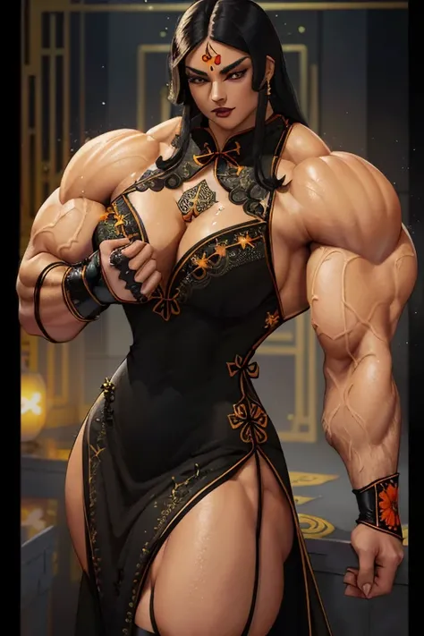 (Close view), tall, (black hair), beautiful muscular woman, long straight hair, light brown skinned, closed smile, (black lipstick), ((massive muscles)), (hyper muscle), ((ginormous bulky muscles)), orange eyes, ((((black sparkly cheongsam dress embroidere...