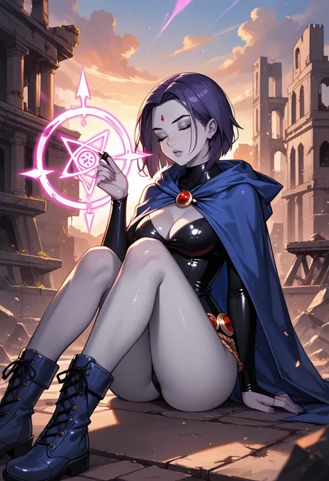 score_9, score_8_up, score_7_up, score_6_up, BREAK 1girl, (Raven, grey skin, bare legs, cape, boots:1.4), sexy woman, cleavage, BREAK (casting a spell, pink energy, rune symbols:1.3), (sitting down, legs spread:1.2), eyes closed, BREAK (building ruins:1.1)...