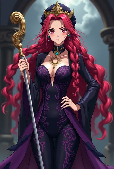 Irene belserion fairy tail, elderly age but still youthful looks , more hot, calming, scarlett hair with long and wavy Braided , wearing form-fitting, ornate dress with intricate patterns, often depicted as black or dark purple, ORNATE HEADDRESS , long sta...