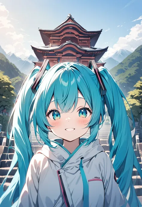 hatsune miku, upper body, smile, blush, outdoors, day, simple background, blue sky, sky, temple, looking at viewer, stairs, moun...