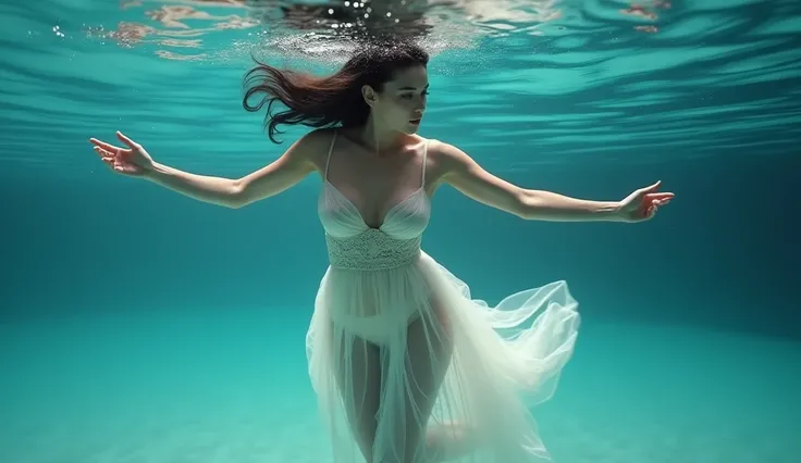 A perfect shot of a woman wearing a long dress, emerging from the water, seen from the bottom of the lake, submerging herself in the water with her arms gracefully extended, , Her hands are almost touching the surface of the water. Perfect face, perfect ha...