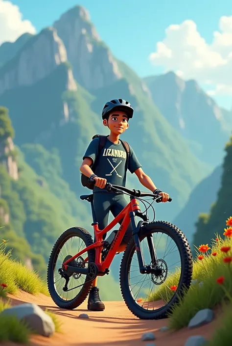 Create a person who wears the name Lizandro on his clothes and has a downhill bike in front of him. Everything must be animated.