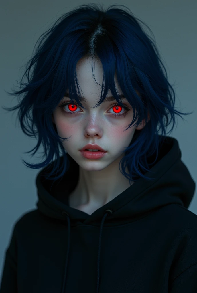  girl , dark blue hair , modern day mullet hair style , black hoodie , red eyes , almond eye 