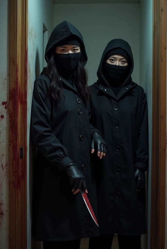 2 korean girl, (holding knife, black balaclava mask), stabbing, black leather gloves, entrance of the house, black raincoat, girl only, bloody knife, leather gloves, looking at viewer, blood splatter, night, mass murderer, killer, blood splatter,
