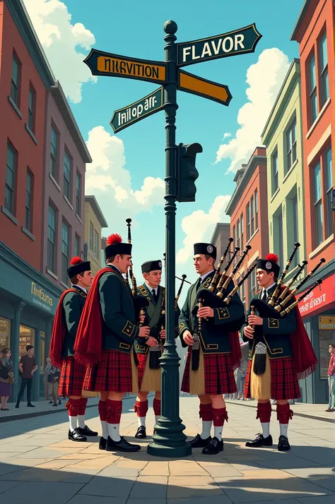 Make me an illustration of a group of bagpipes playing on a corner of a block where the signs say that one street is called tradition and another flavor