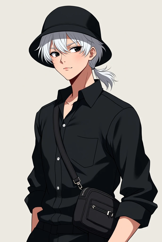 Male, 2d, anime, white hair, black shirt, black eyes, black crossbody bag, idol, black bucket hat, two block mulet hairstyle, masculine