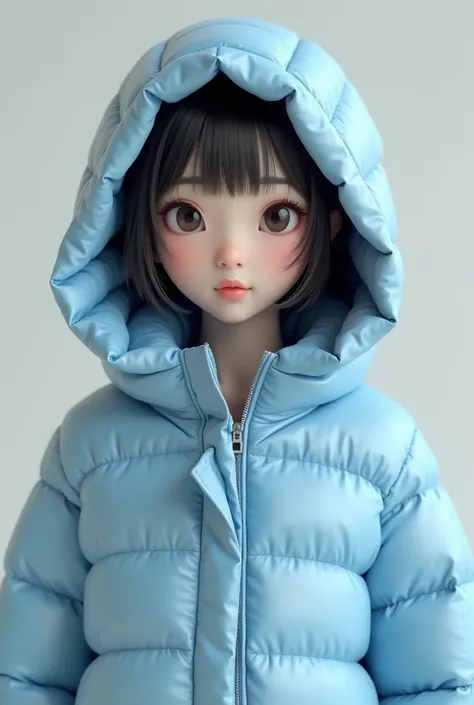 An asian girl around  wearing an light blue down jacket with hoodie 3d render