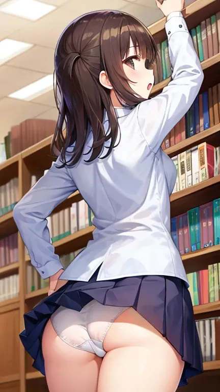 Indoor Library、Back view of a standing high school girl、Schoolgirl in uniform、Stretch one hand up、skirt、White panties are visible、Low - Angle