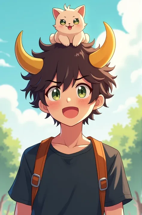 an anime guy, curly brown hair, horns made of gold, black shirt, he have a backpack, and a cute pet on head