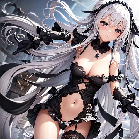 Silver Hair、Black costume、sea of clouds、lake、Pier、A ray of light shines on her、Mocking、The right bangs are a little long、Medium Long Hair、Lace Stockings、Long twin tails、(黒い怪物が少女の影に潜んでMocking、Attacked by black tentacles)Tentacles attack her、disheveled costu...