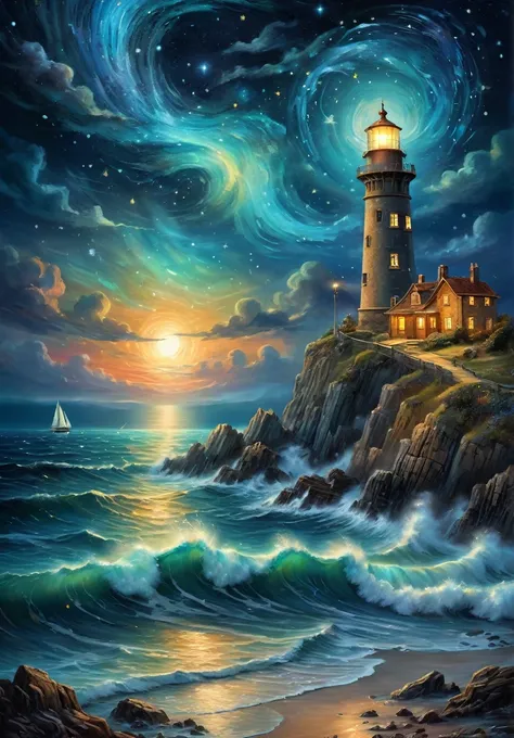 a nocturnal seascape with a lighthouse illuminating a starry sky where constellations come to life as mythical animals, (magical...