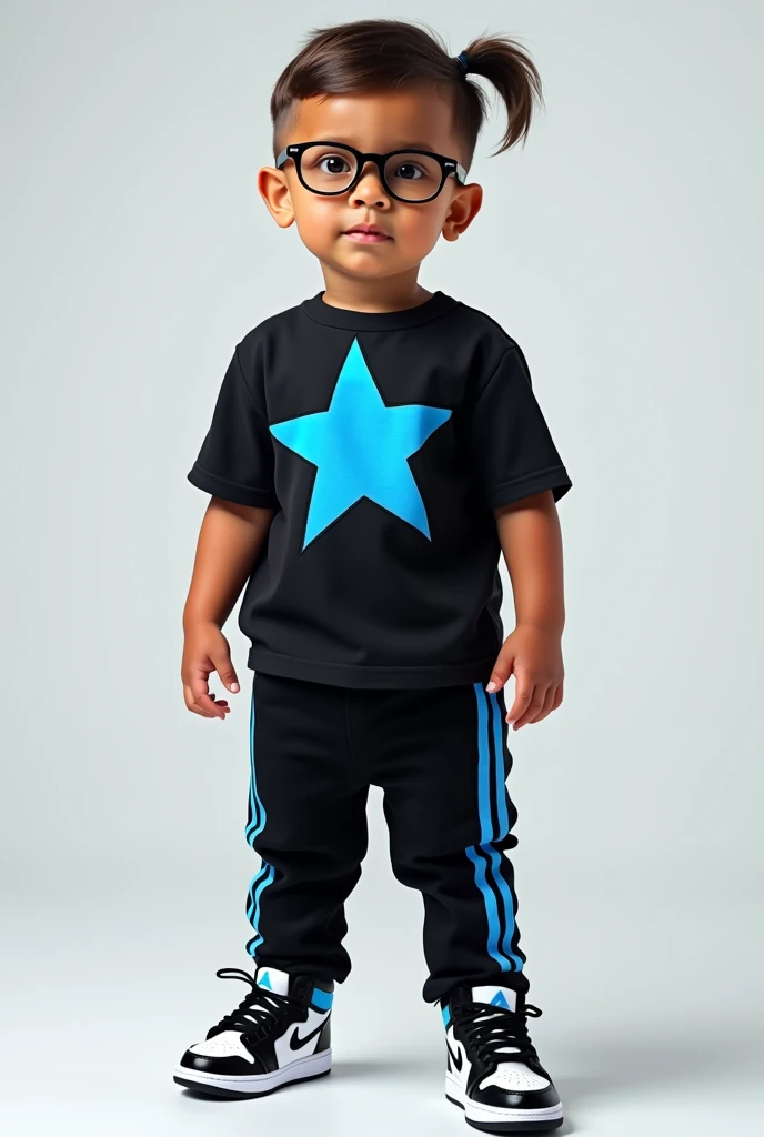 A 1 year old white youth,60 at 1, with short ponytail hair, wears black glasses, wears a black blouse with a blue star print, His pants are black with white stripes on the vertical sides and he wears black and white Jordans.
nationality: Brazilian
