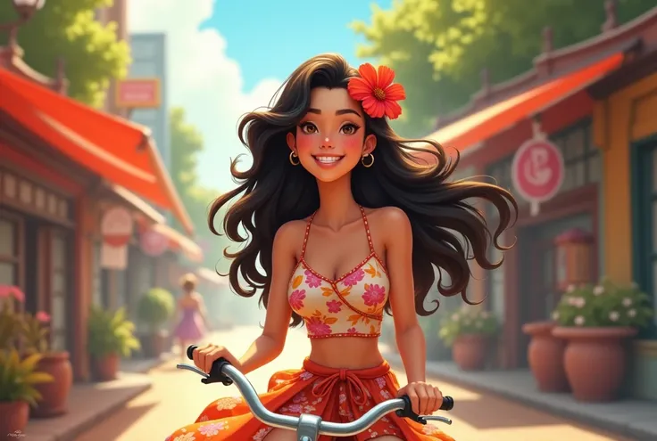 a lively scene featuring a young woman with long, wavy dark hair adorned with a bright red flower. She is sitting on a bicycle, wearing a floral-patterned tank top and a flowing skirt that complements her playful style. The background is a charming urban s...