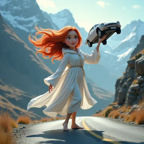 Background mountain road,Red long hair,White robe,girl,Exaggerated expression,Holding a car in one hand