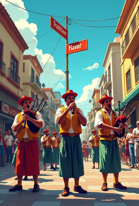 Make me an illustration of a group of Venezuelan bagpipe players playing on a street corner in Caracas where the signs say that one street is called Tradition and another is called Flavor.